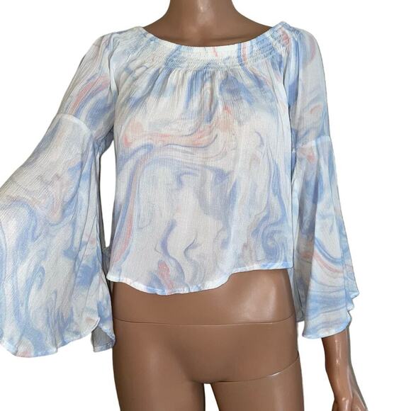 Hollister BoHo tie dyed flutter wide sleeve cropped blouse top off shoulder SZ M - Picture 3 of 10